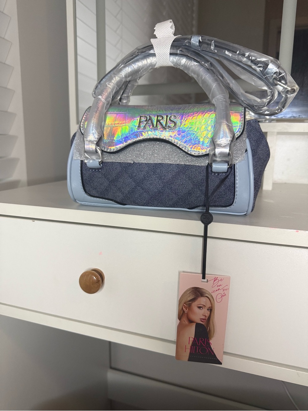 Aris Iridescent Flap Denim Satchel in Light Blue - Picture 4 of 9